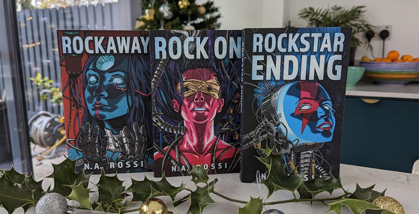 The three books from the Rockstar Ending series garnished for Xmas